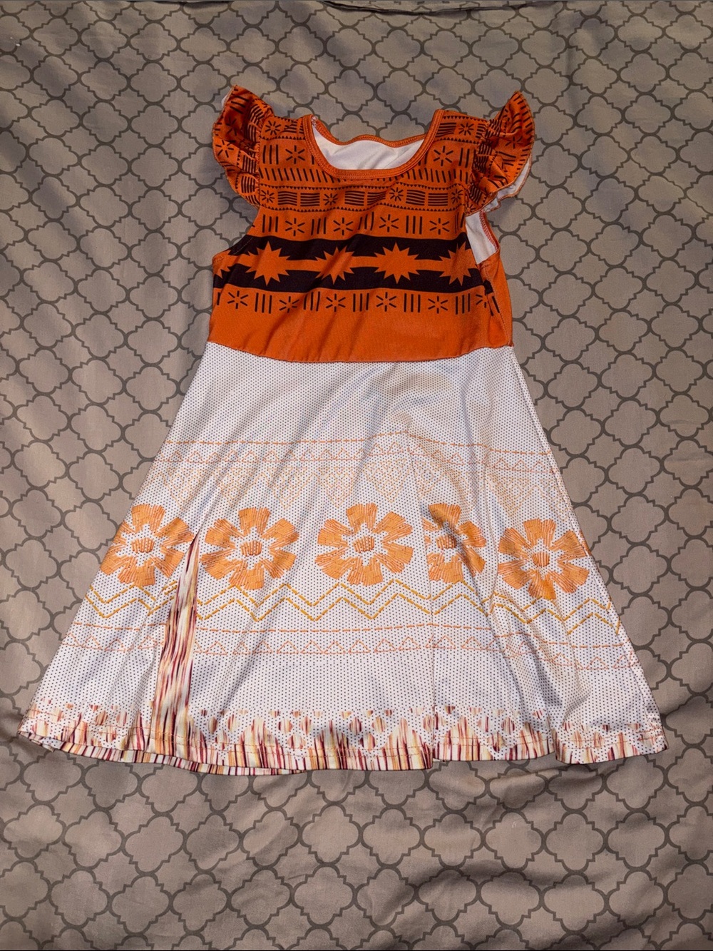 Girls' Orange & White Floral Nightgown with Flutter Sleeves